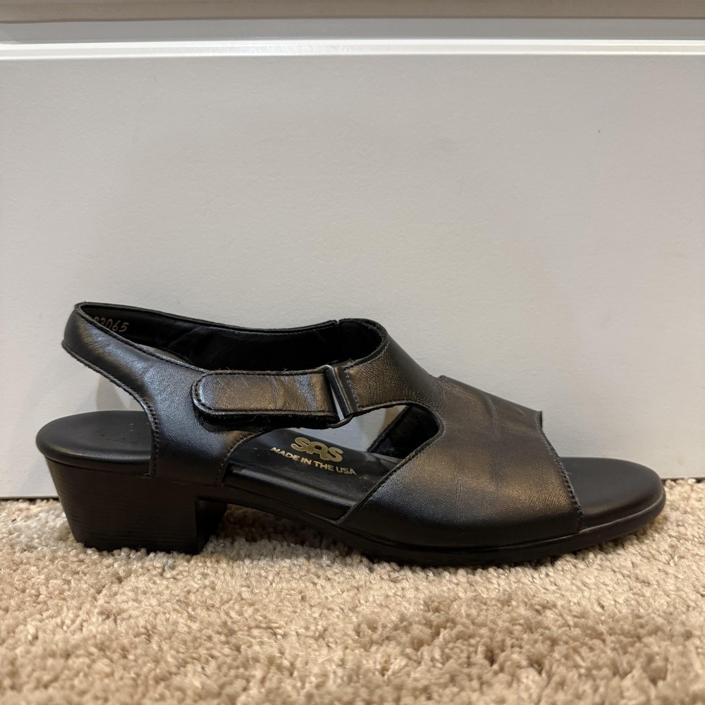SAS Sunsetter Sandals Womens Sz 9.5 N Black Leather Slingback Block Heel Comfort